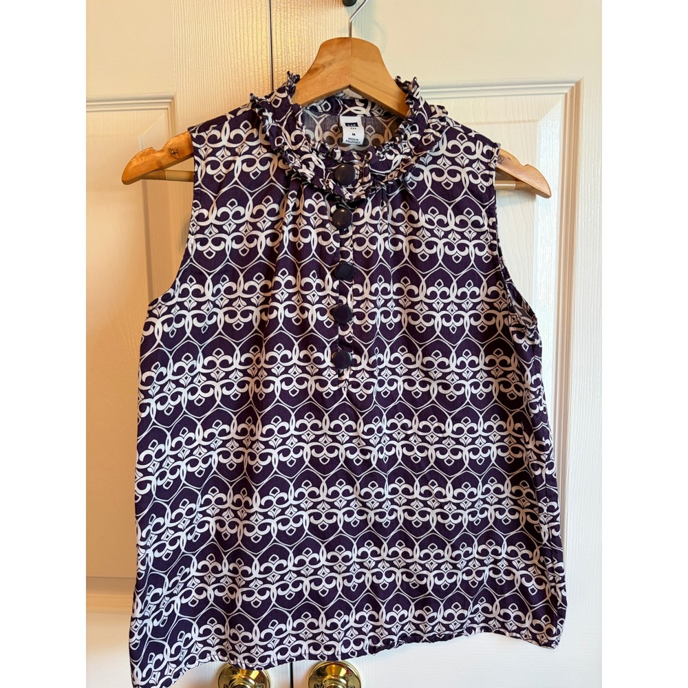 Gap Womens Purple Geometric Ruffle Neck Sleeveless Cotton Blouse Top Size M